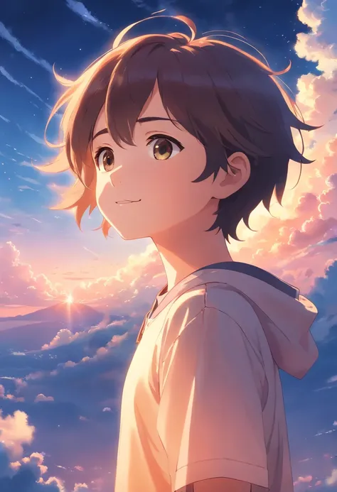 masterpiece, best quality, movie still, 1BOY, cloud BOY, floating in the sky, close-up, bright, happy, warm soft lighting, sunset, (sparks:0.7)