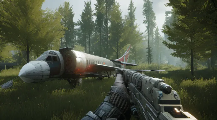 Theres a plane thats sitting on the grass near a forest, Fuga de Tarkov, Cryengine, HD 4K jogo captura de tela, em Tarkov, Captura de tela do videogame>, FPS jogo de tiro, Captura de tela de um FPS, com Cryengine, CryEngine 8K UHD, CryEngine 8K UHD, Arte c...