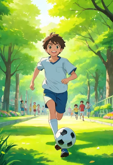 Create an image of a young boy playing football in a park. The boy is running with the ball at his feet, determination in his eyes, and a big, excited grin on his face. The park is filled with green grass, and there are trees in the background. Capture the...