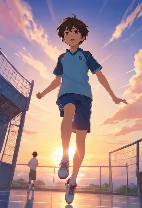 Create an image of a young boy soaring through the air, ready to kick a football, against the backdrop of a beautiful sunrise. The boy is suspended in mid-air, fully stretched, with the sunrise casting a warm, golden glow on the horizon. Hes wearing a socc...