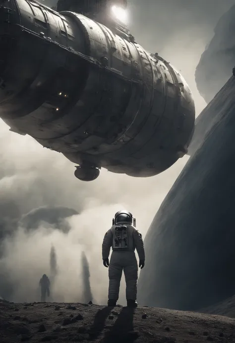 An astronauts back infront of a colossal ship in space