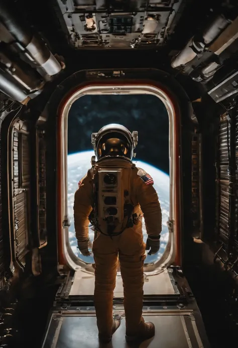 An astronauts back infront of a colossal ship in space