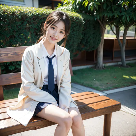 a smile、Asian woman sitting on wooden bench with tie, japanese girl school uniform, wearing japanese school uniform, Korean Girl, young and cute girl, Realistic Young Gravure Idol, Open V chest clothes, reluvy5213, Japan school uniform, loose coat collar s...