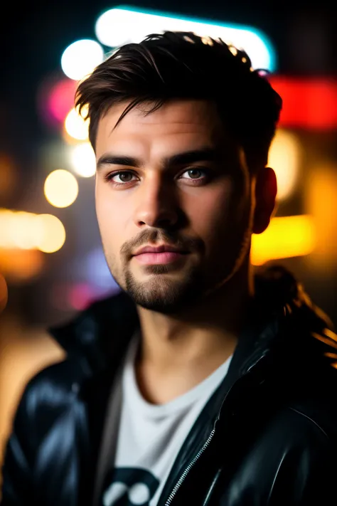 Close-up photo of a guy, YouTube blogger in his home studio, neon light, streaming, natural skin texture, sharp focus, depth of field, f/11, strobist, rim light, led lighting, cyberpunk background