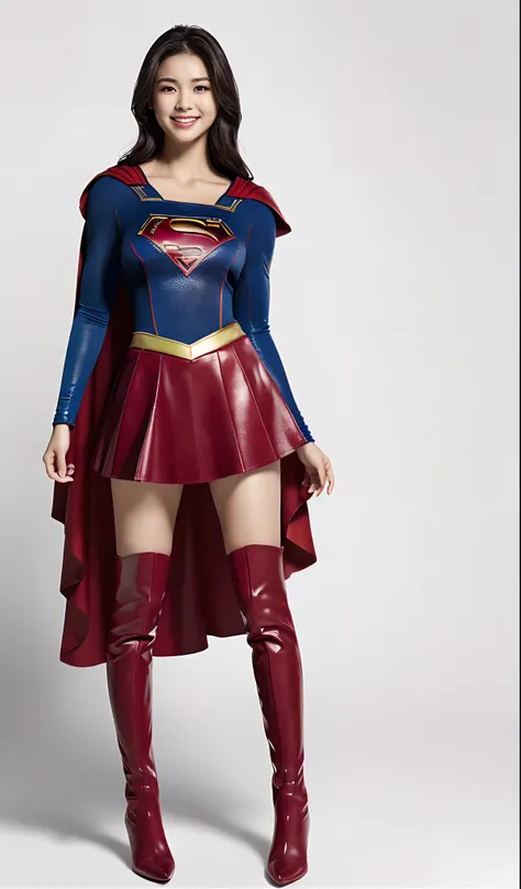 (((Wear black tights on your beautiful legs.)))、(((Grow legs、tall、beauty legs)))、(((facial expression of smile)))、((((Make the most of the original image)))、(((Supergirl Costume)))、(((beautiful hairl)))、(((Suffering)))、(((Feet must necessarily be worn with...