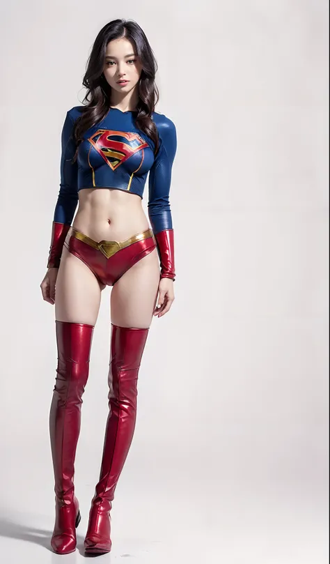 (((Wear black tights on your beautiful legs.)))、(((Grow legs、tall、beauty legs)))、(((facial expression of smile)))、((((Make the most of the original image)))、(((Supergirl Costume)))、(((beautiful hairl)))、(((Suffering)))、(((Feet must necessarily be worn with...