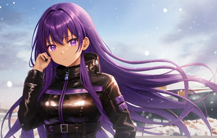 Brown-skin, anime girl, high quality, purple hair, purple eyes, thick winterjacket, thick leather pants, depressed, sad, nihilism, Aeon, winter, snow, ice