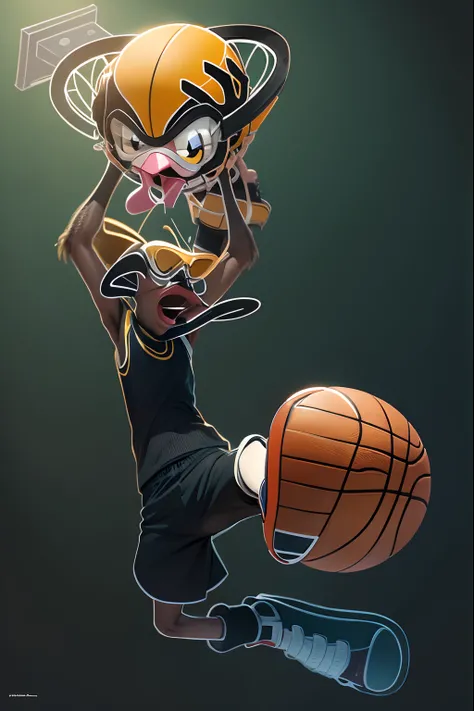 daffy duck jogando basketball, bola com dentes mordendo a cesta