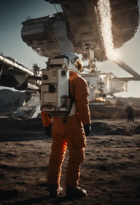 An astronauts back infront of a colossal ship in space