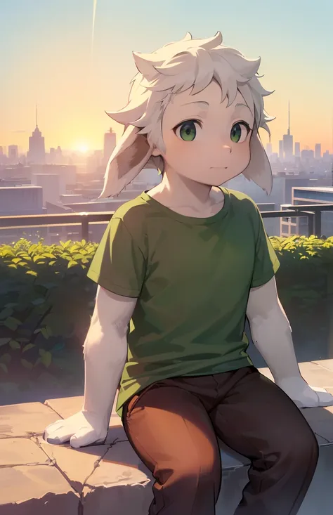 1boy, kid, goat, child, sunrise, city, ((((sit, looking on sky)))), (((green t-shirt, brown pants))), (best quality, ultra-detailed, best illustration, best shadow, masterpiece, high res, professional artwork, famous artwork),insane detailed green shine ey...