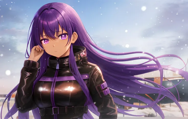 Brown-skin, anime girl, high quality, purple hair, purple eyes, thick winterjacket, thick leather pants, depressed, sad, nihilism, Aeon, winter, snow, ice