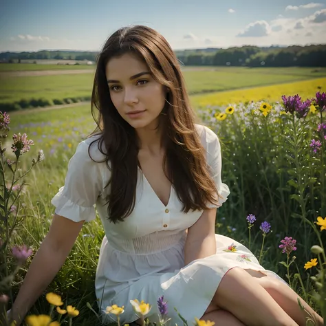 A beautiful woman seating in a field of wild flowers Photo realism Vivid Color’s