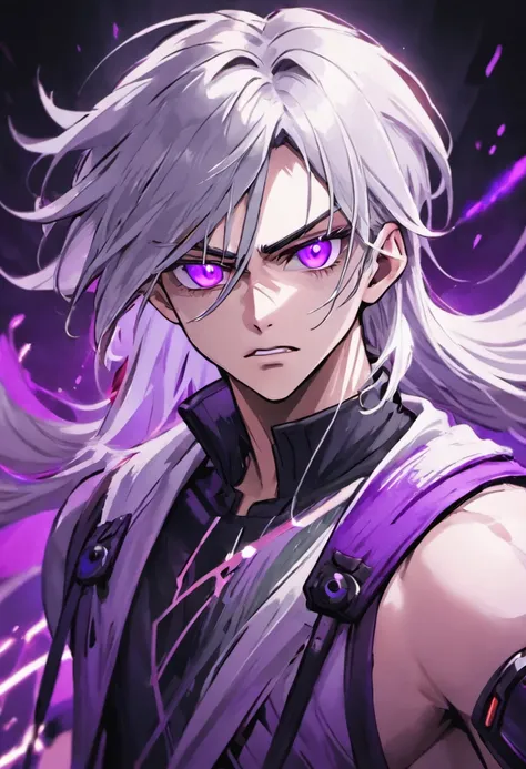 Close camera, face focus, ultra high quality 8k, young handsome confident man, silver white middle long hair, purple eyes without pupils, cyberpunk clothes