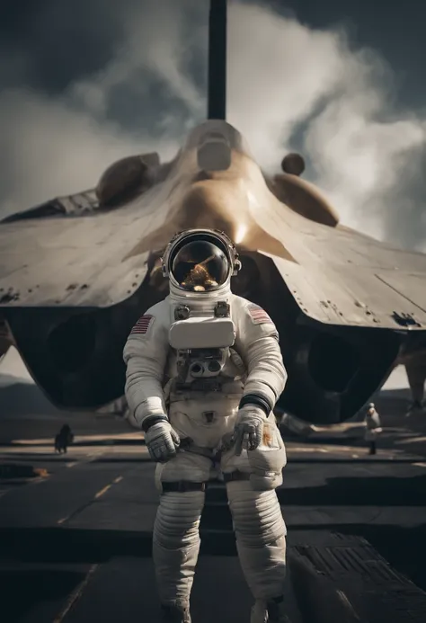 An astronauts back infront of a colossal ship in space