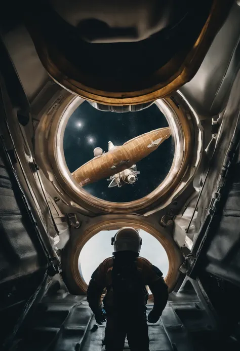 An astronauts back infront of a colossal ship in space