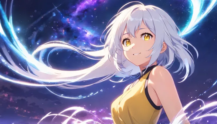 absurderes、hight resolution、(Official Art、Beautifully Aesthetic:1.2)、(Close View:1.15)、(1girl in、White hair、Hair in the middle、yellow  eyes、radiant eyes、Black Long Dress)、Sparkling Galaxy、、Light Effects、evil smile