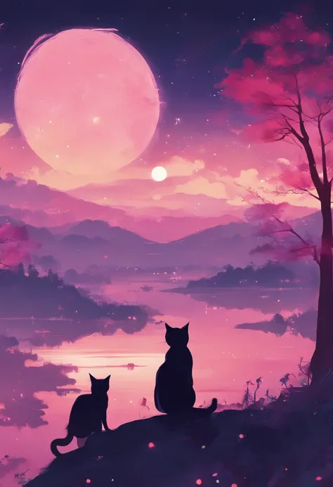 （reddish、Pink），octans, 天空, stele(天空), landscapes, starrysky, natta,（ 1girl in,One Cat、Snuggle up：1.5），（Snuggle up：1.3），Cats，nigh sky, 独奏, plein air, built, 云, shooting stars，sitting on, The tree, length hair, 城市, silhuette, Cityscape，from behind