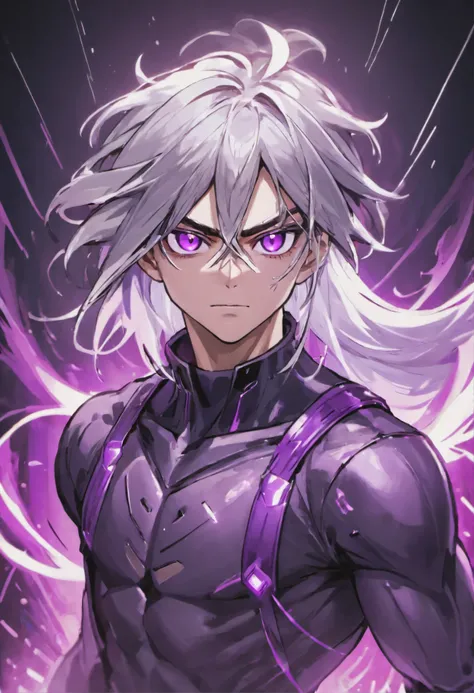 Close camera, face focus, ultra high quality 8k, young handsome confident man, silver white middle long hair, purple eyes without pupils, cyberpunk clothes