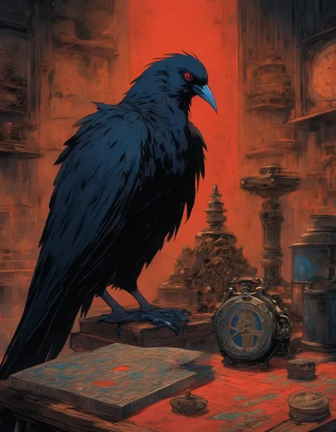 Une image du Corbeau Noir debout devant la table en bois, The plans spread out in front of him. Detailed blueprints of the red diamond watch can be seen, highlighting his obsession with the precious object.