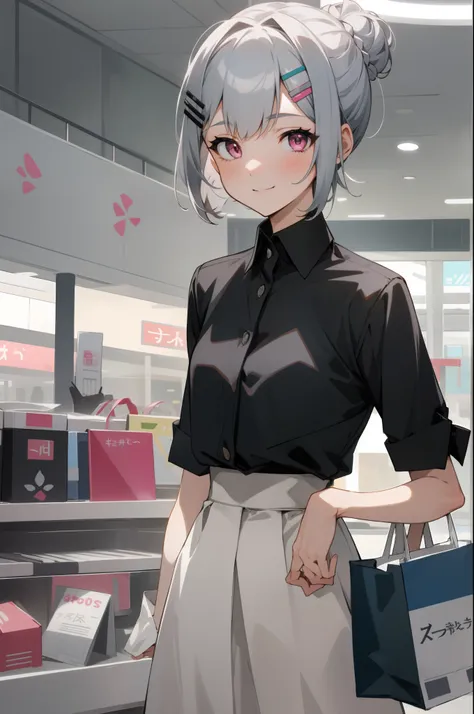 1girl in, solo, short hairstyle with silver hair and bob, hair tied in a bun with a hair clip, pink eyes、small tits, high waist ...