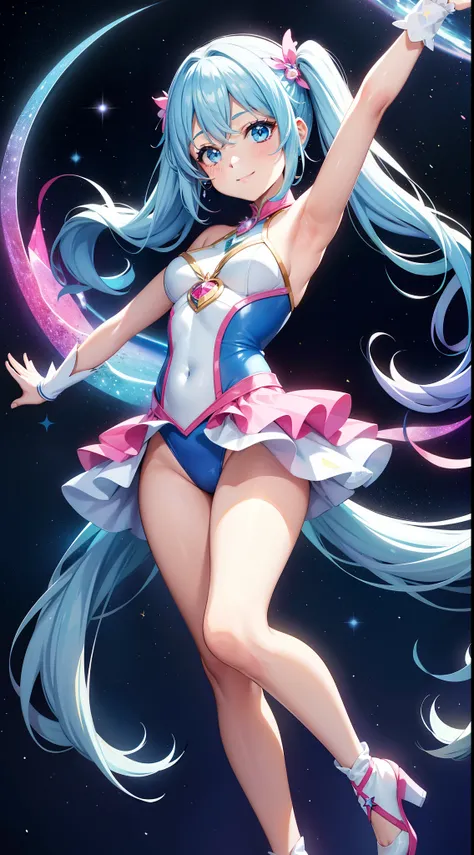 Super Idol　a beauty girl　A charming smile　sky blue hair　length hair　Twin-tailed　Glittery bright pink and white and blue and yellow leotards　facing front　Mystical　Fantasia　constellation　a moon　Crystal Brilliance　Aurora Borealis in the Night Sky