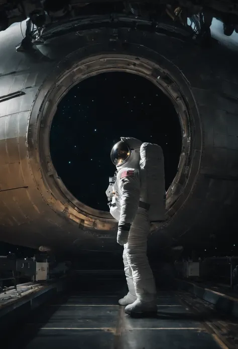 An astronauts back infront of a colossal ship in space