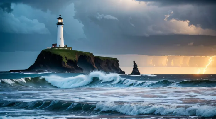 (best quality,8k,highres,masterpiece:1.2),ultra-detailed,realistic,stormy day,stormy sea,turbulent waves,lighthouse standing tall,haunting atmosphere,dramatic sky,dark clouds,striking contrast,thunder,lightning,beacon of hope,powerful storm,ominous,unsettl...