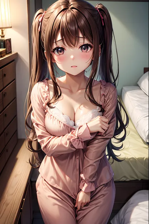 Best Quality、Light brown skin、s Pajamas、cleavage of the breast、poneyTail、femele、Very cute、、、Brown hair、、I want to blush、bending forward、Bedroom、Wink、twinkling、Kamimei、