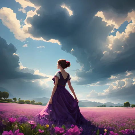 expansive landscape photograph , (a view from below that shows sky above and open field below), a girl standing on flower field looking up, bright sunny day (clouds:1.2), distant mountain, steep climb, narrow path, tree BREAK
production art, lot of purple ...