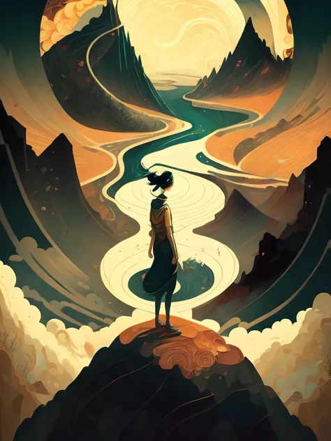 a painting of a person standing in front of a mountain with a river running through it by victo ngai