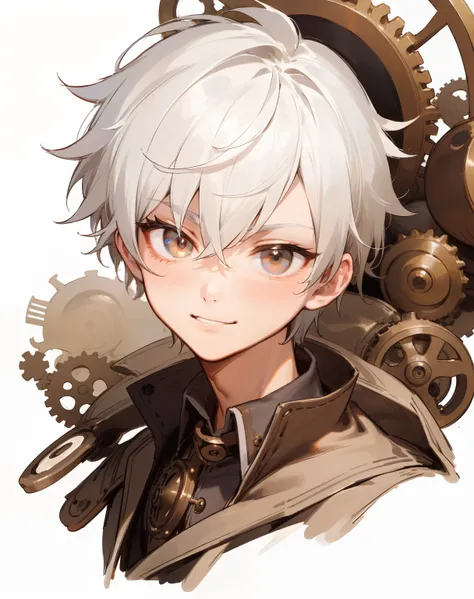 (masterpiece:1.0), (highest quality:1.12), (HDR:1.0), 1BOY, cute boy, finely detailed, (best quality), (intricate details), clockworker style, loli, steampunk style, clockwork style, multicolored, ((messy white hair)), best quality, ((round eyes)), sly fac...