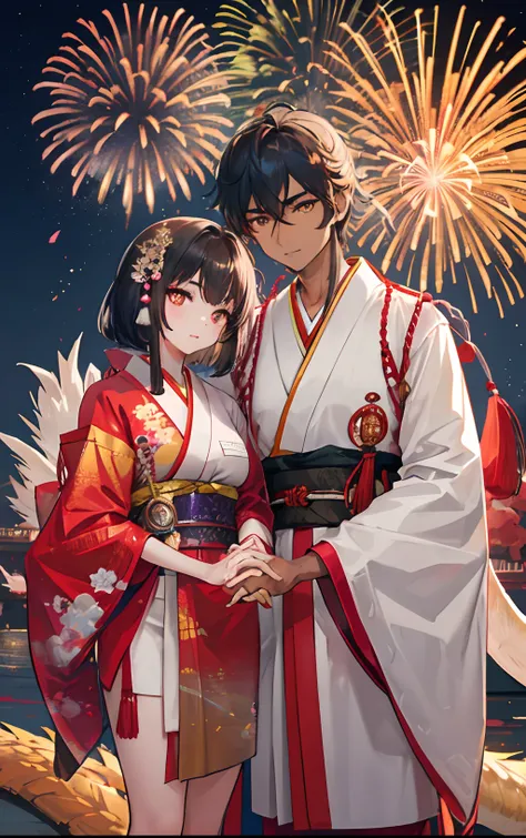 (Indian guy with brown skin and grey eyes) and ( Japanese girl with golden dragon eyes) holding hands and watch the fireworks festival in Japan