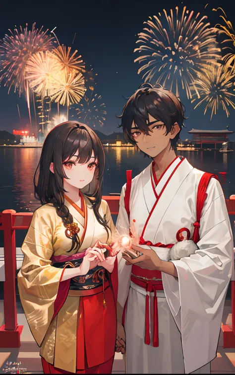 (Indian guy with brown skin and grey eyes) and ( Japanese girl with golden dragon eyes) holding hands and watch the fireworks festival in Japan