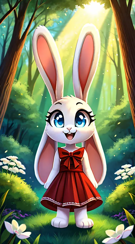 zoomed out image, fantasy style art, cute, adorable, short character, small, tiny little fluffy female white bunny with blue eye...