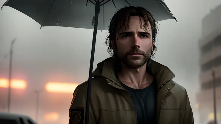 Rick Grimes in the rain in the style of blade runner 2049