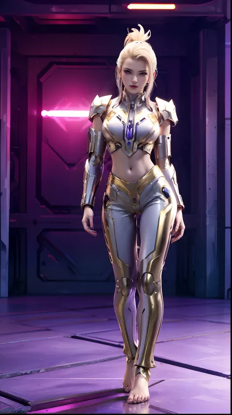 A WOMAN, BEAUTIFUL FACE, RGB, WHITE, GOLD, PURPLE, MECHA ARMOR FULL SUIT, TRANSPARANT, TALL LEGS, STANDING, BAREFOOT, MIDRIFF EXPOSED