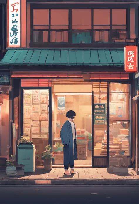 Anime - style painting of a man standing in front of a store, Tokyo Anime Scene, japanese street, Anime Background Art, japanese downtown, detailed scenery —width 672, anime style cityscape, japanese city, anime scenery concept art, Tokyo street background...