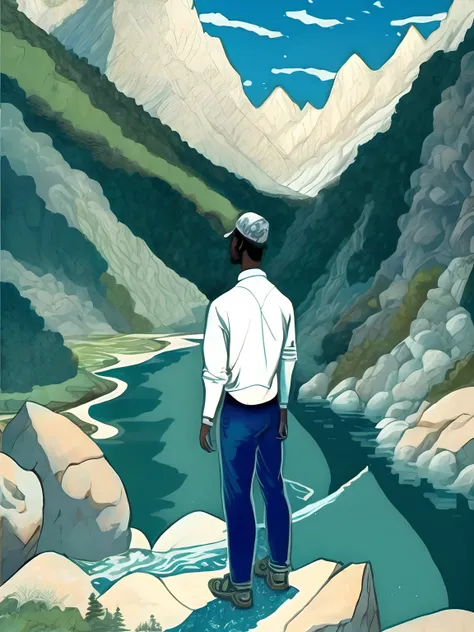 a drawing，A man stands in front of a mountain，A river runs through the mountains，The author is Victor Blue，white colors，green color