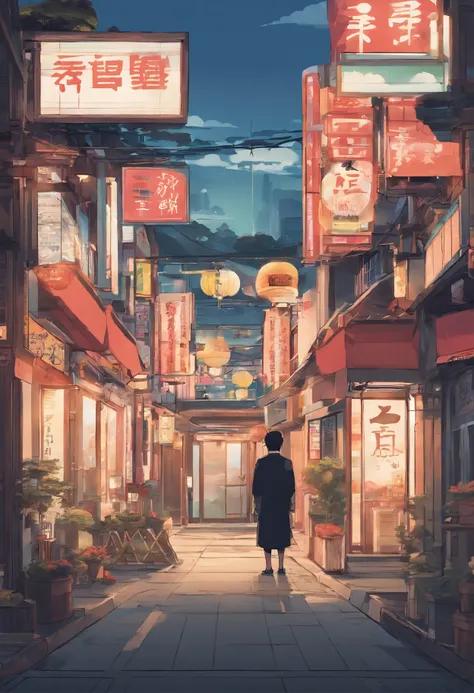 Anime - style painting of a man standing in front of a store, Tokyo Anime Scene, japanese street, Anime Background Art, japanese downtown, detailed scenery —width 672, anime style cityscape, japanese city, anime scenery concept art, Tokyo street background...