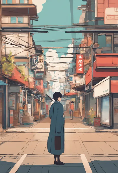 Anime - style painting of a man standing in front of a store, Tokyo Anime Scene, japanese street, Anime Background Art, japanese downtown, detailed scenery —width 672, anime style cityscape, japanese city, anime scenery concept art, Tokyo street background...