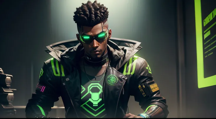 1 male, dark skin, Cyberpunk 2077 inspired style, ((Flat top nappy hair style)), Black hair, green glowing highlighted hair, tactical visor, cybernetic tank top, tech outfit, Green glowing outfit. hologram clothing, fully clothed, medical, mid-30s in age,