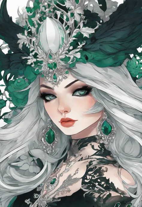 a close up of a woman in a costume with emerald hair and emerald glowing eyes, glowing green pumpkins, lois van baarle and rossdraws, artgerm and lois van baarle, artgerm and rossdraws, rossdraws cartoon vibrant, beautiful succubus, ross tran style, rossdr...