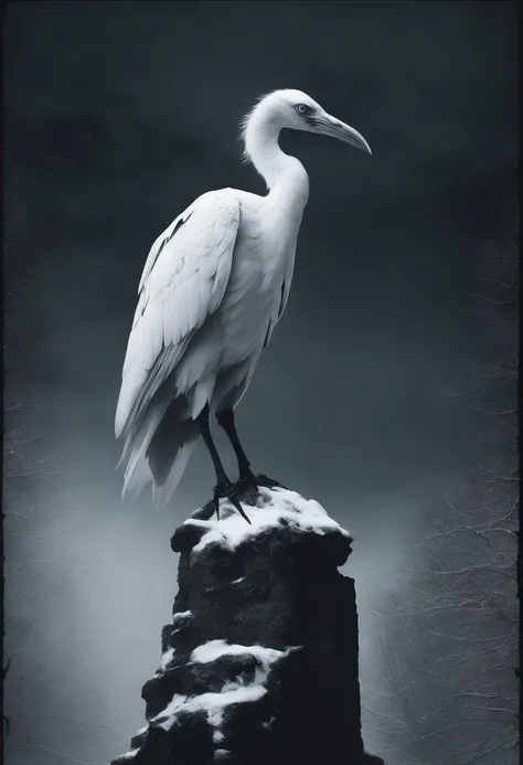 eerie white tall bird looking human full body shot on snowy white mountain