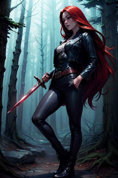 (masterpiece), (ultradetailed)hdr, 8k, (dinamic pose:1.9), realistic, (dark forest temple at night), dark night, Female Vampire Hunter, holding a sword, petite, red long hair,