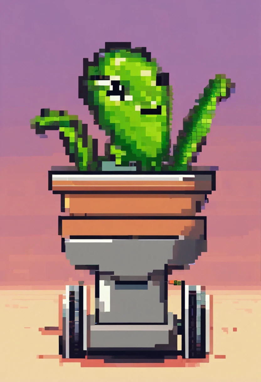 One, Venus flytrap, with googly eyes on top of head, in a pot with wheels, with wheels, pixelated, POV from the side