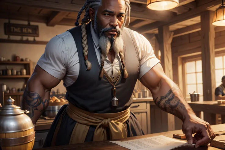 a middle-aged black man with a beard and braided gray hair wearing a D&D5e tavern keepers apron