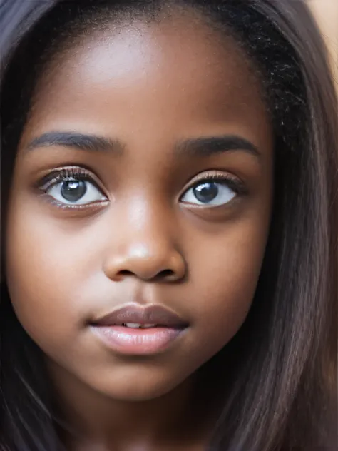 (close-up, editorial photograph of a beautiful black child, girl, age 4, adorable face, long brown curly hair, hazel eyes , POV, by lee jeffries, nikon d850, film stock photograph ,4 kodak portra 400 ,camera f1.6 lens ,rich colors ,hyper realistic ,lifelik...