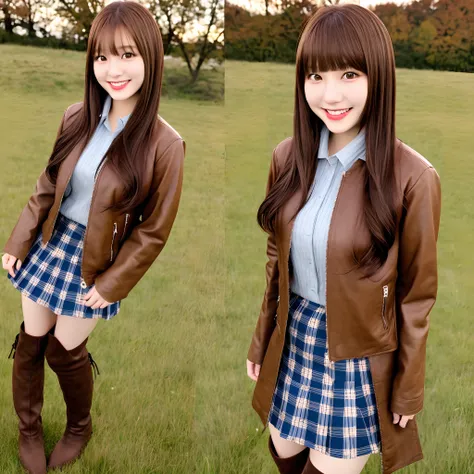 sunny, grassland, cowgirl, Japanese, brown hair, blunt bangs, 16 years old, smile, makeup, lipstick, lips, jacket, skirt, upper body, arms behind back, knee-high boots,