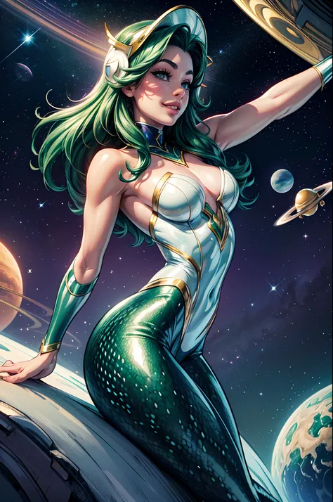 masterpiece, ultradetailed, hdr, dynamic pose:1.9, realistic, saturn and planets and space, dark night, little mermaid in space ranger white and green costume, helmet, petite, magical beautiful mermaid tail, smile, soft lips, glossy lips, Highly detailed