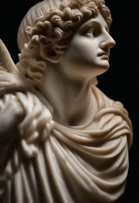 A close-up of a marble sculpture of estatuas Filosofo antigo , illuminated by a single spotlight against a black background.